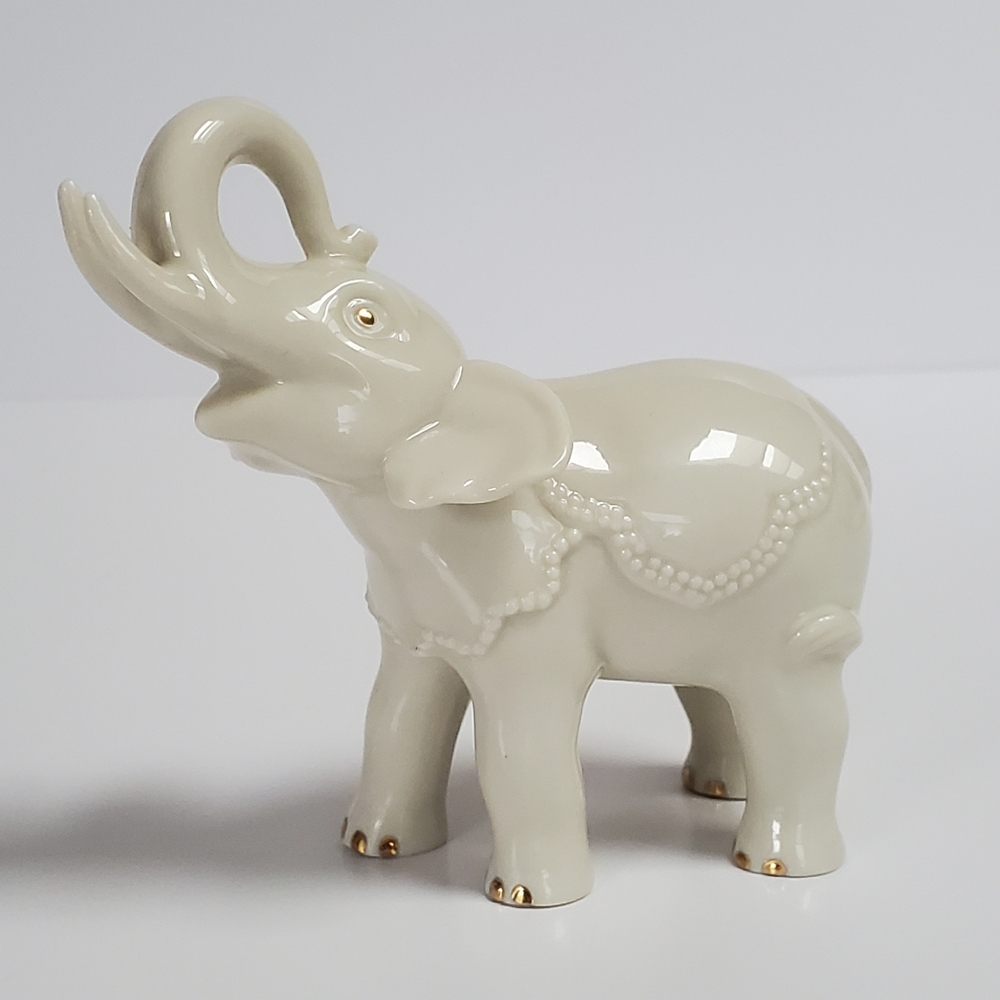 Vintage Lenox Ivory Porcelain Elephant Figurine Trunk Up 24K Gold Accents